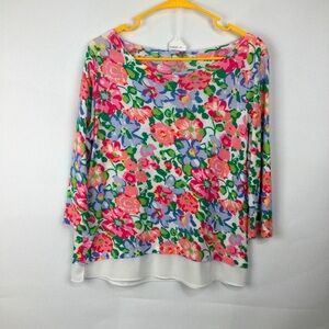 Talbots Floral Chiffon Hem Top‎ Lightweight Sweater womens size Medium Petite